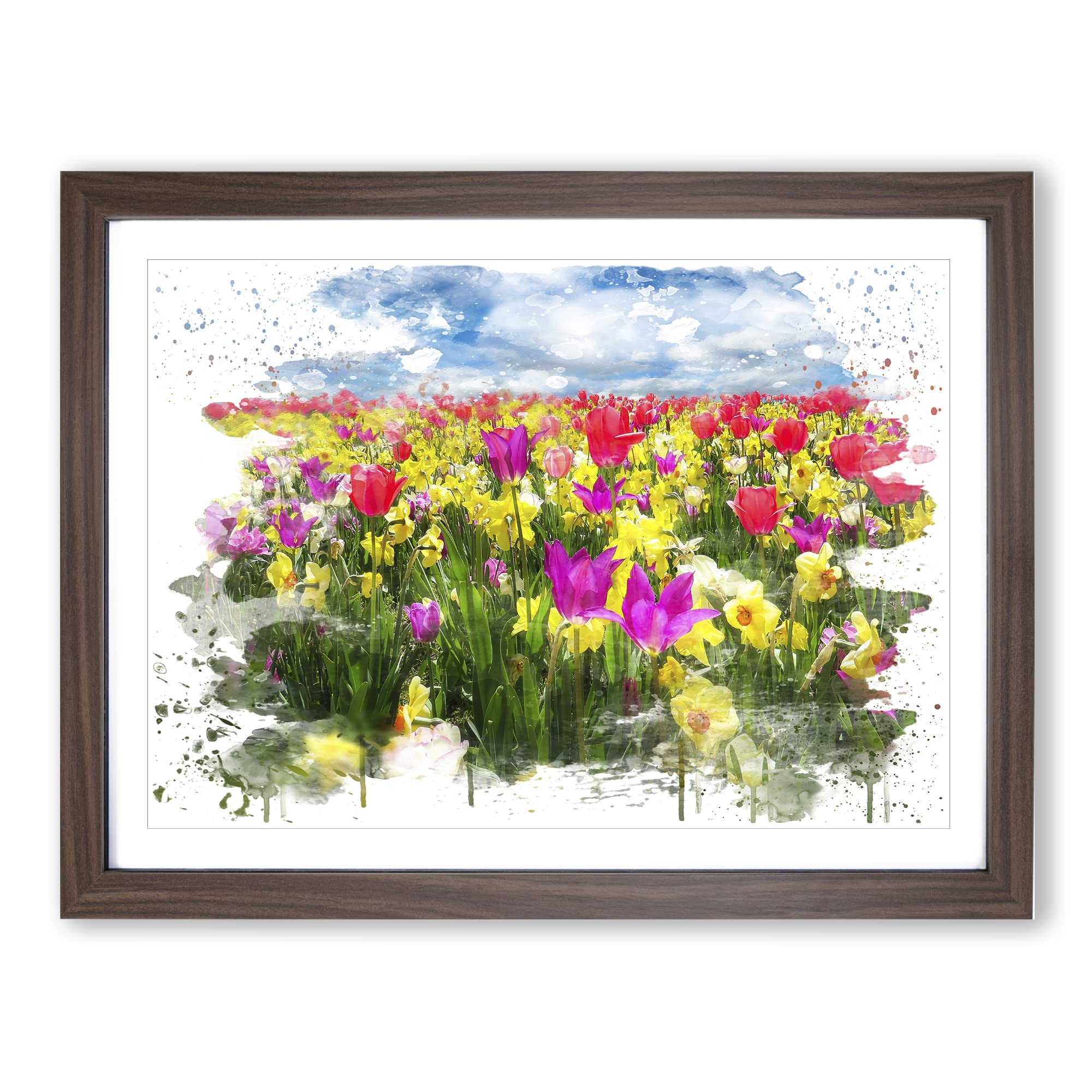 Flower Meadow Landscape V3 Modern Framed Wall Art Print, Ready to Hang Picture for Living Room Bedroom Home Office Décor, Walnut A4 (34 x 25 cm)