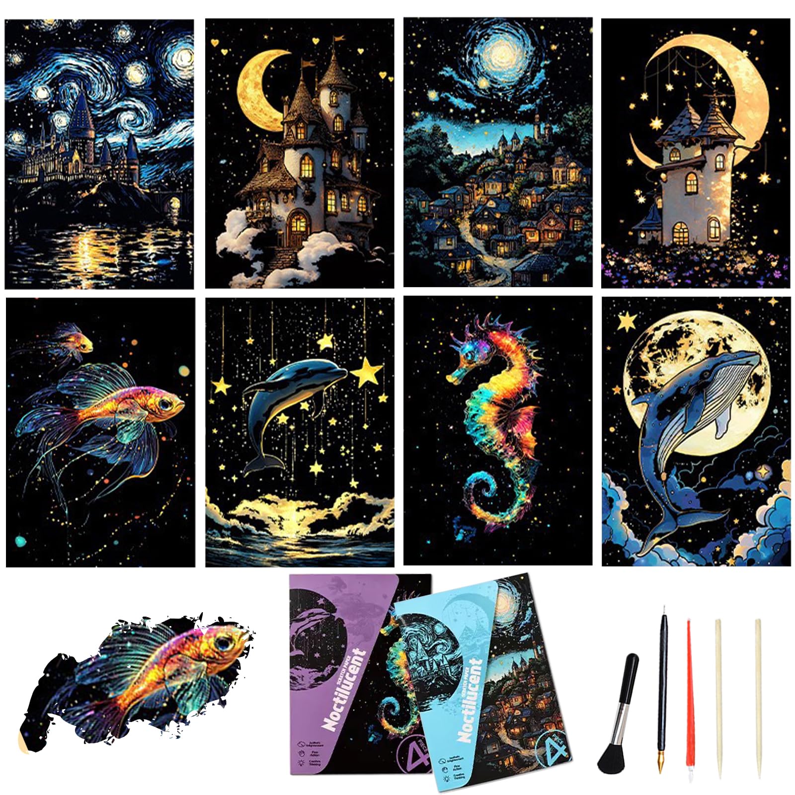 8 Sheets Scratch Art Adult Noctilucent Rainbow Scratch Paper Notebook Paint by Scratch Kit for Arts and Crafts Gift with Scratch Art Tools （Starry Night）