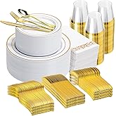 N9R 700PCS Gold Disposable Dinnerware Set for 100 Guests, White Plastic Plates with Gold Rim, Include 100 Dinner & Dessert Plates, Plastic Silverware Set, Cups, Napkins for Party and Wedding