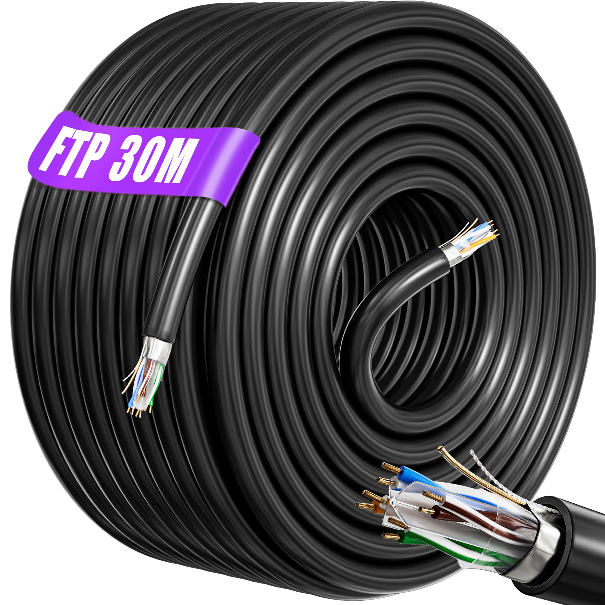 Soibke Ethernet Cable 30m Outdoor, High Speed Internet Network Cable Bulk Shielded | FTP Gigabit Anti-jamming Flame Retardant Weatherproof Direct Burial LAN Cable | Cat6, 23AWG, RJ45 — image 1