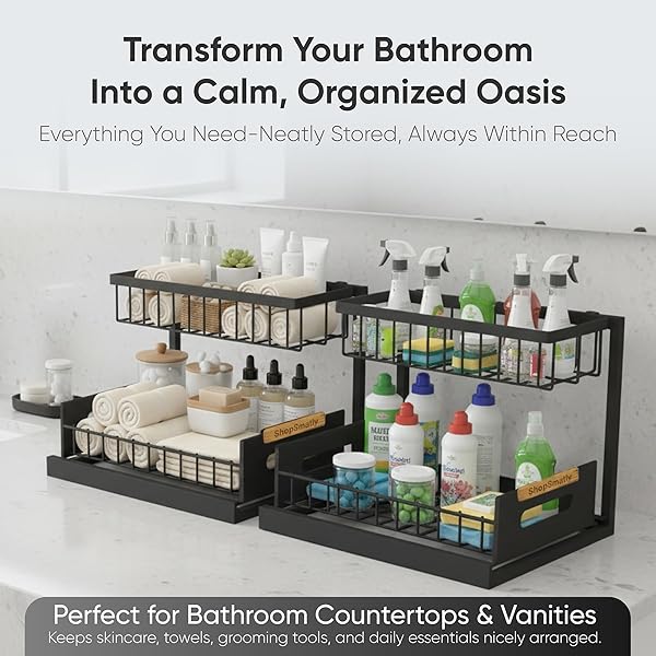 SHOPSMATLY UNDER SINK ORGANIZER 2-PACK, METAL UNDER SINK ORGANIZER FOR KITCHEN & BATHROOM, MULTI-USE UNDER SINK STORAGE RACK FOR CLEANING SUPPLIES AND BATHROOM ESSENTIALS (BLACK)