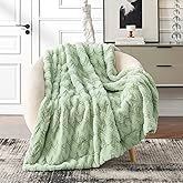 Cozy Bliss Faux Fur Textured Throw Blanket for Couch Super Soft Fuzzy Bed Blanket Gift for Women Premium 3D Ribbed Jacquard All Season Use Sage Green Zigzag 50"*60"