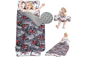 Viviland Toddler Nap Mat with Pillow and Minky Dot Blanket, Rolled Large Sleeping Mat for Boys, Kids Slumber Bag/Nap Mat for Preschool, Daycare, Kindergarten, Travel Camping - Cool Motocycle
