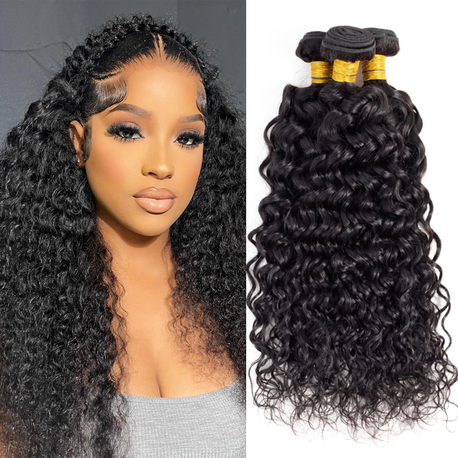 Photo 1 of Water Wave Human Hair Bundles 20 22 24 Inch 12A Curly Bundles Human Hair 100% Unprocessed Brazilian Virgin 3 Bundles Wet and Wavy Weave Extensions