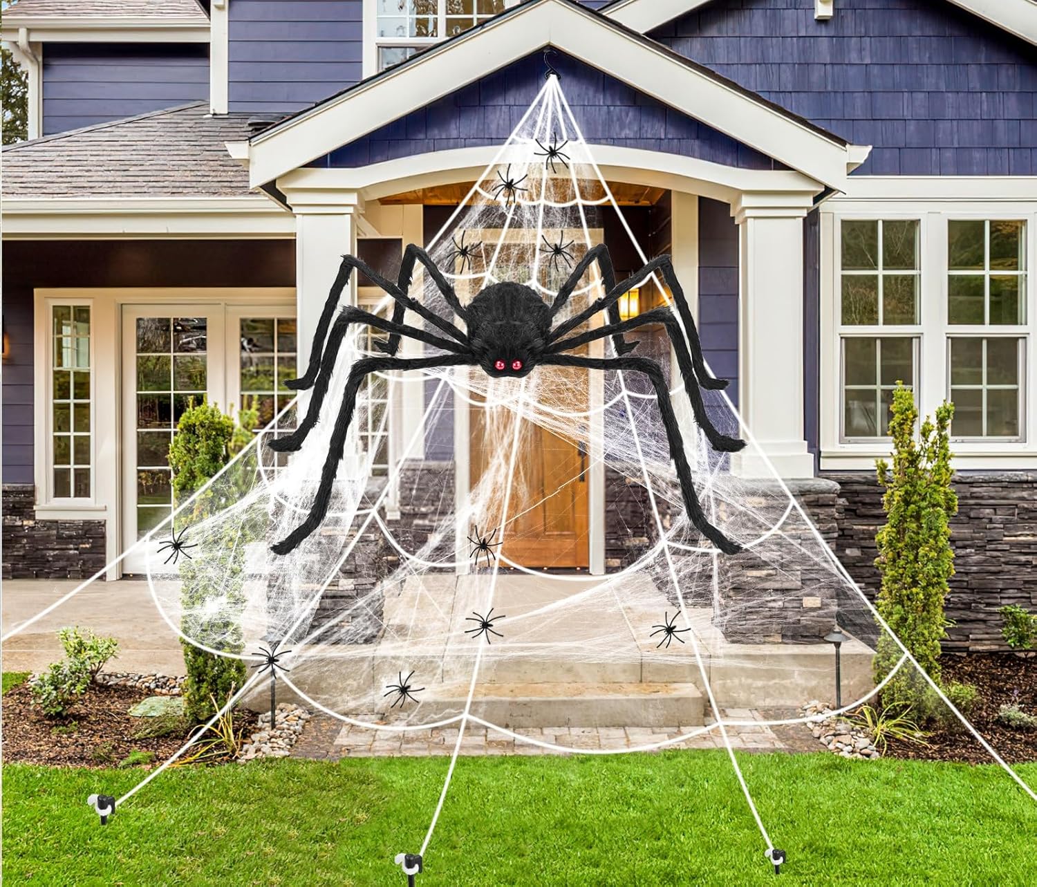 Decorative Garden Stakes - Spider Webs Halloween Decorations,1pcs Giant Spider Web Outdoor with 40pcs Small Fake Spiders-Hook&Ground Stakes for Indoor Outside Large Halloween Decor Party Yard Lawn Home Garden Haunted House