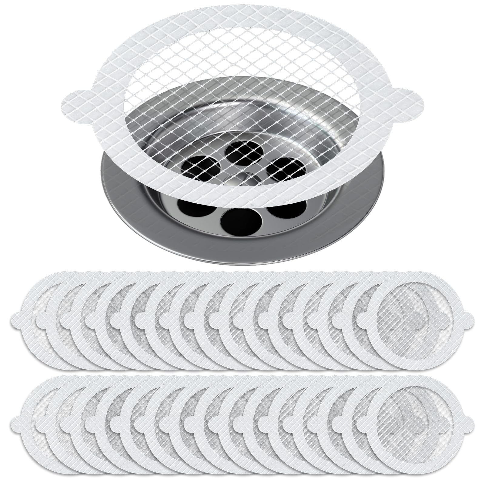COMNICO 30 Pack Disposable Shower Drain Hair Catcher White Fibrous Flat Shower Drain Floor Covers Mesh Stickers for Bathing Kitchen Room Drain Sticker Drain Cover (Round)