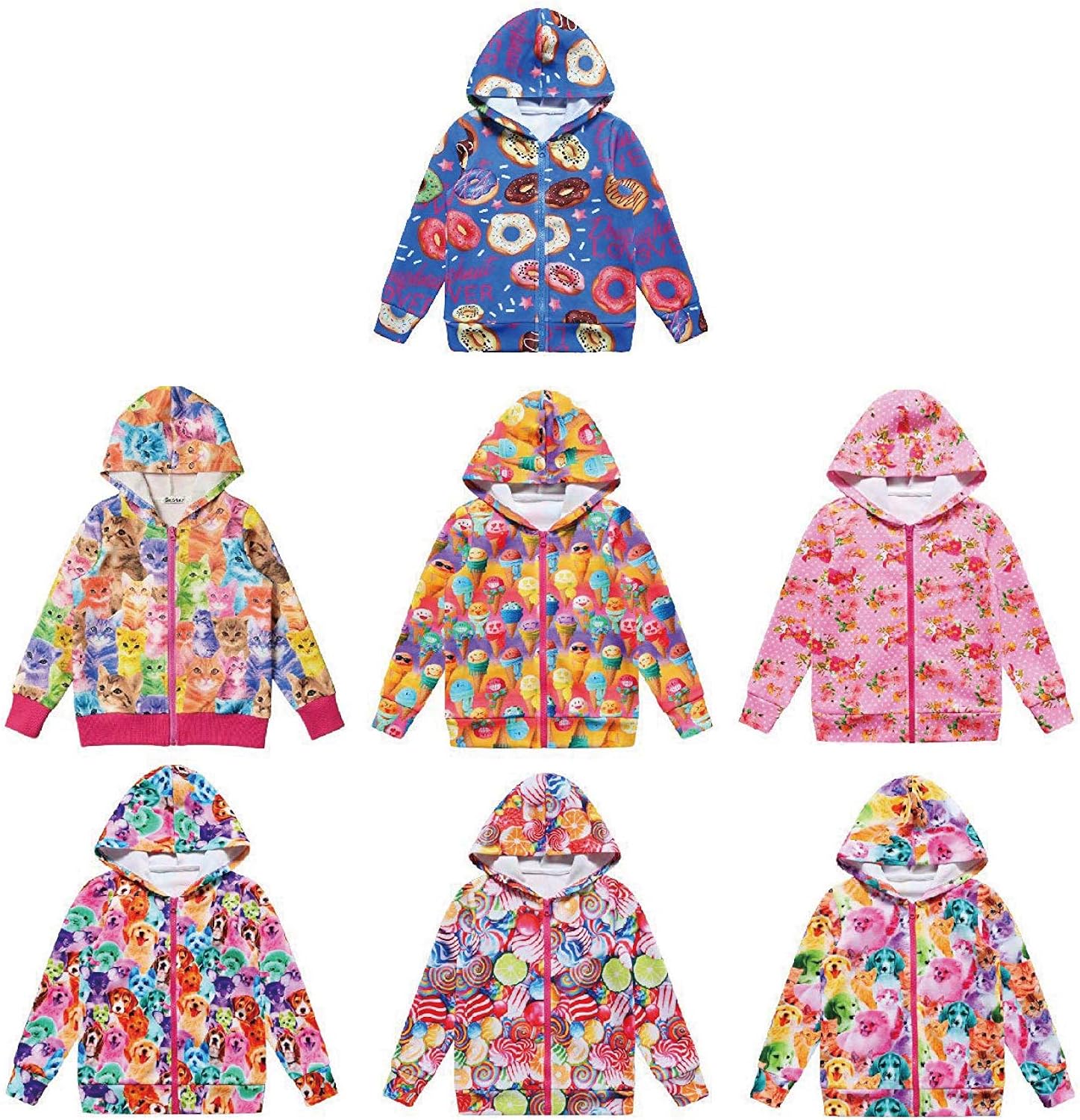 Girls Zip Up Hoodie Jacket Unicorn/Cat Sweatshirt with Pockets: Clothing