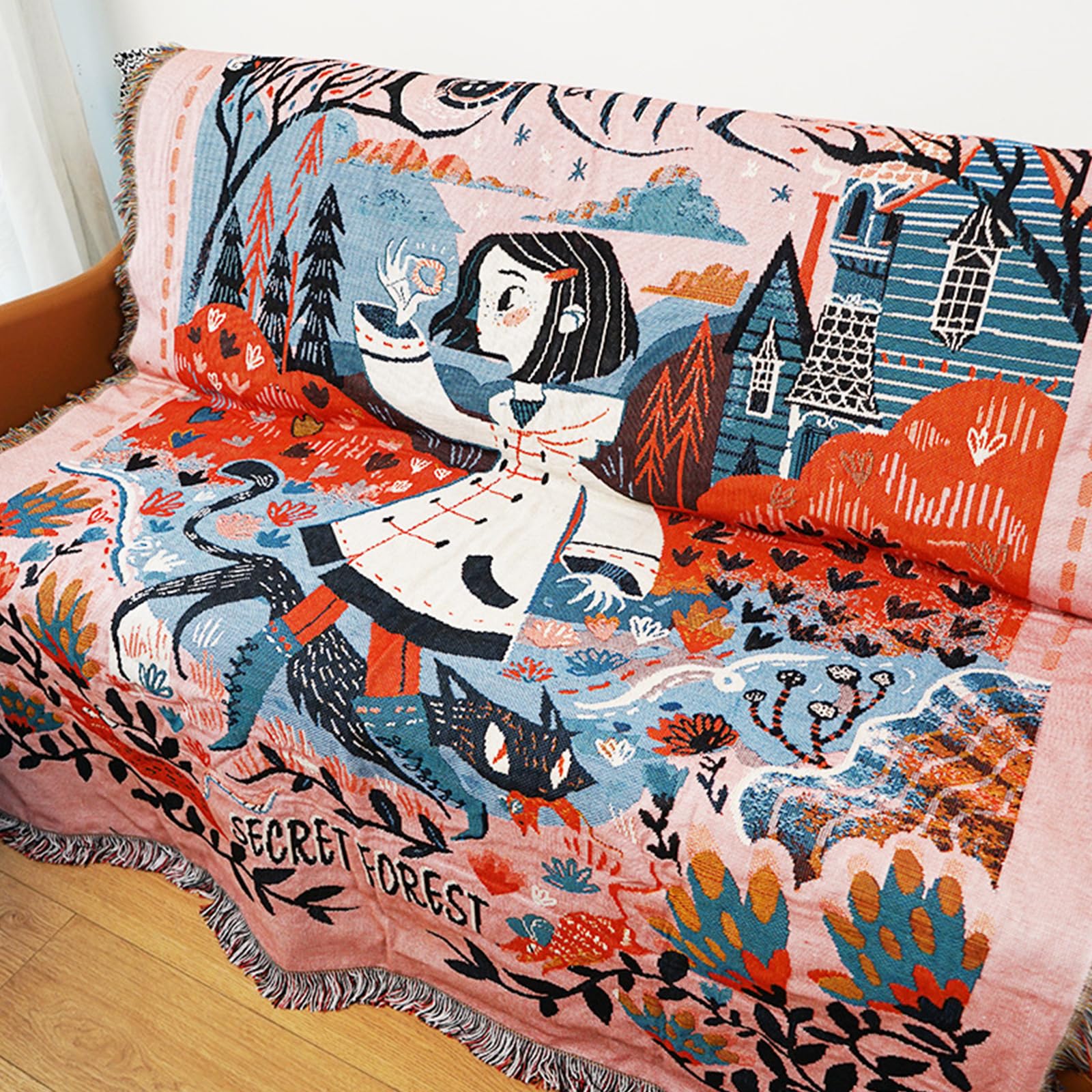 LumiSyne Double-Sided Cotton Woven Throw Blanket With Tassel Jungle Bohemian Style Tapestry Shawl Multi-Function Decorative Throws For Sofa Bed Armchair Camping Blanket Tablecloth Carpet 160x130cm