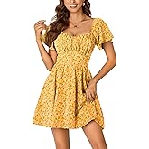 Rooscier Women's Tie Back Square Neck Wrap Ruffle Short Sleeve Flare Mini Dress