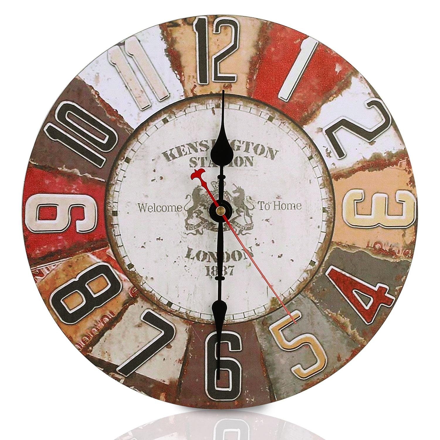 Vintage Retro Wall Clock SOLEDI 12 Inch Clock Arabic numerals Silent Non-Ticking Large Decorative Round French Clocks (Red)