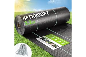 JTSIOV Weed Barrier Fabric, 4x300ft Landscape Fabric, 3.2oz Heavy Duty Durable Woven Geotextile Fabric, High Permeability Ground Cover Mat, Driveway Fabric, Garden Weed Control Cloth with 20 U-Securing Pegs