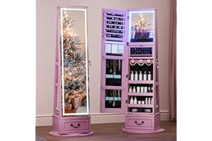 SKKTKT LED Full Length Mirror with Jewelry Storage, Lighted Mirror Jewelry Cabinet Standing, 360°Swivel Jewelry Armoire with Large Wooden Drawer for Christmas Gifts (Pink)
