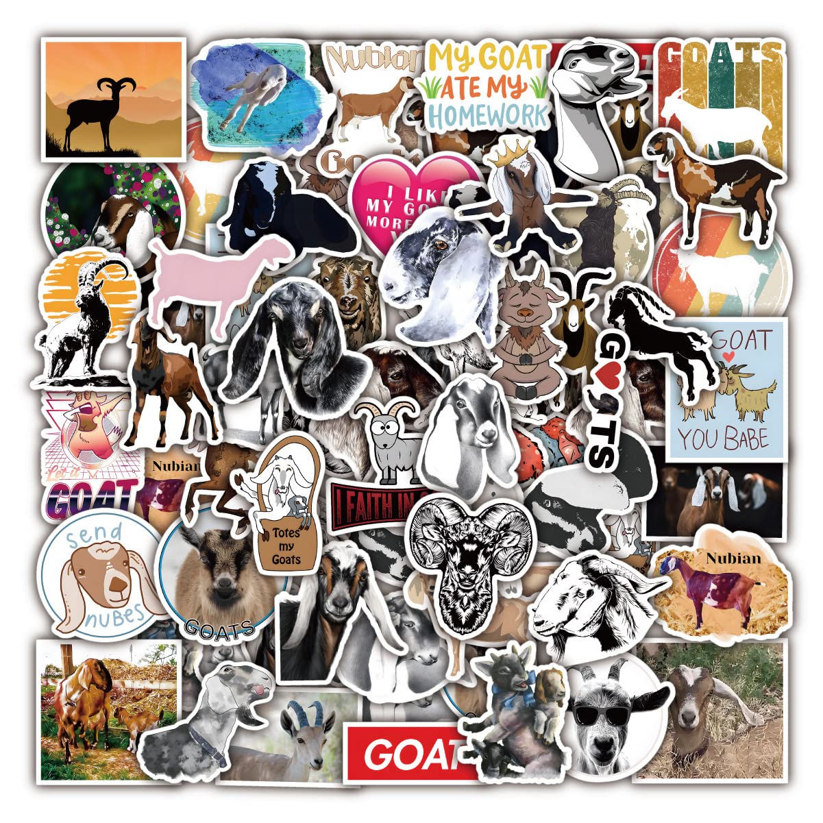 50PCS Stickers for Nubian Goat Aesthetic Vinyl Waterproof Stickers for Water Bottle,Laptop,Phone,Scrapbooking,Journaling,Car Decals
