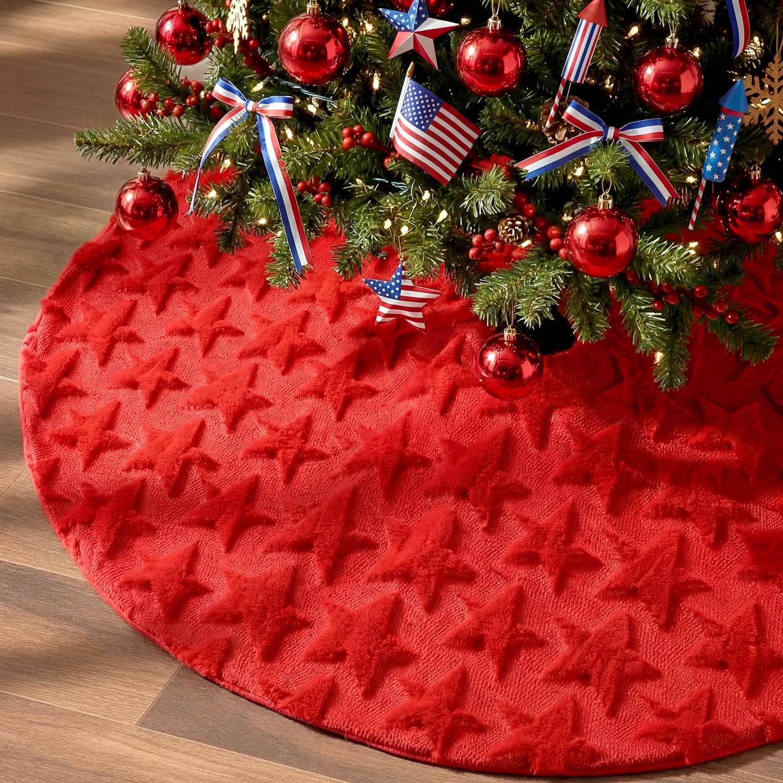 Civaner Patriotic Tree Skirt America July 4th Tree Skirt 36 Inch Red Stars Soft Plush Faux Fur Jacquard 250th Anniversary Trees Skirts Mat for Home USA Independence Day Xmas Trees Holiday Decoration