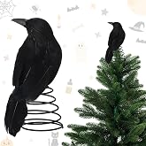 Suncalla Halloween Black Crow Tree Topper 6.3 in Spooky Raven Tree Topper | Gothic Small Tree Ornament, Black Feather Crow Tree Topper, with Spring Base, Halloween Christmas Treetops Raven Decor