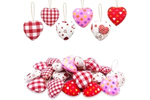 EBaokuup 30 Pcs Valentines Fabric Heart Ornament for Hanging-6 Styles Red Pink Buffalo Plaid Check-Heart-Shaped Hanging Decor
