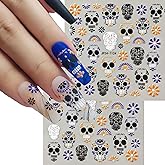 2 Sheets Halloween Skull Nail Stickers for Nail Art, 5D Embossed Black Orange White Nail Design Skull Nail Decals Skeleton Flowers Acrylic Nail Art Stickers Halloween Self-Adhesive Nail Art Supplies