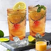Loivttvv 6pcs Vintage Drinking Glasses Set, 12 oz Amber Highball Glasses, Embossed Ribbed Glassware Cups for Thanksgiving Cocktail, Juice, Whiskey