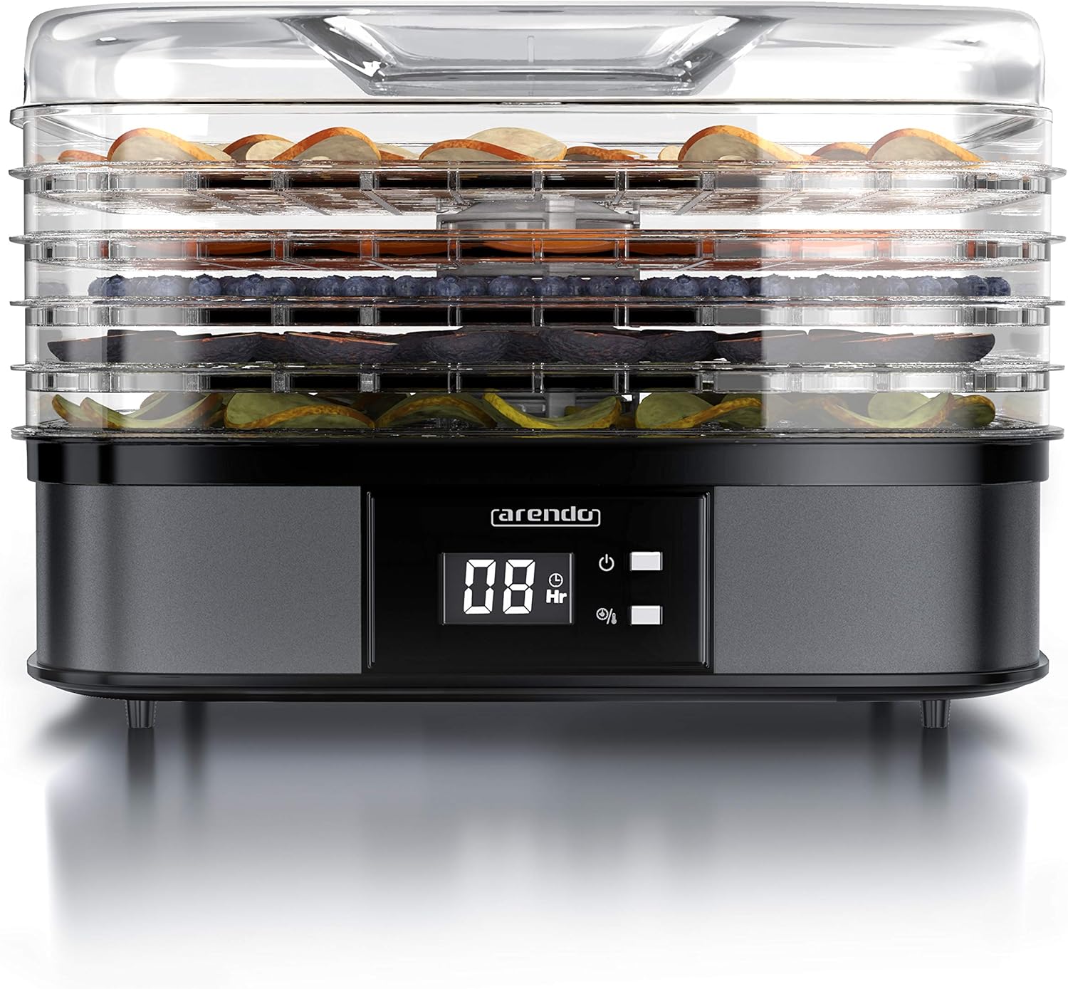 Arendo - Dörrautomat mit Temperaturregler 350 Watt - Edelstahl Dörrgerät für Lebensmittel Fleisch Früchte Gemüse - 40-70 Grad - 5 Einlegefächer - GS Zertifiziert - Dehydrator - BPA frei