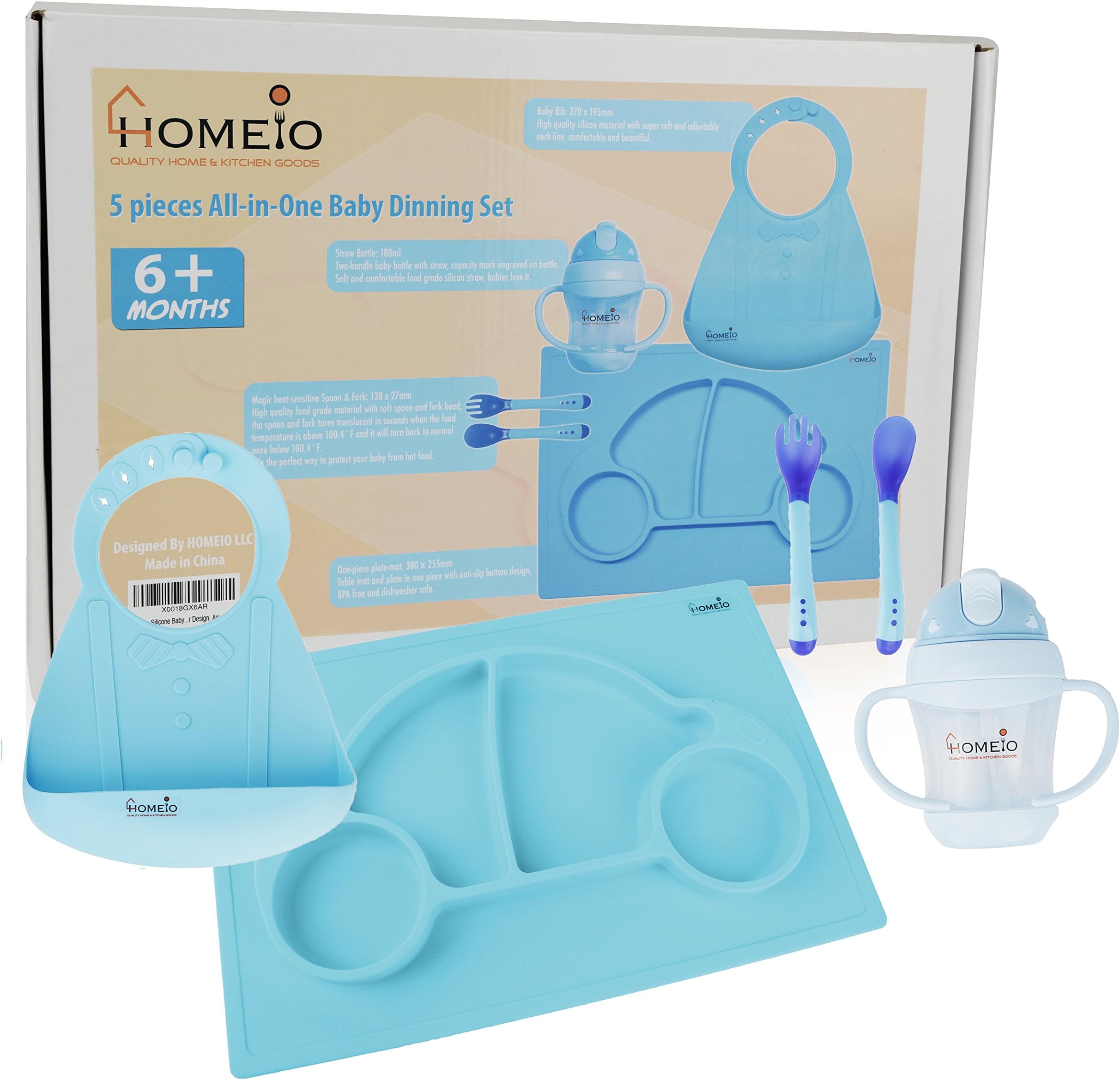 All-in-One Children’s Dining Set (5-Piece Kit- BLUE CAR) – Soft, Flexible Silicone Dishware for Toddlers – Includes Placemat, Sippy Cup, Fork, Spoon, Baby Bib – Boys and Girls 6 Months +