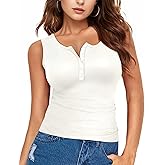 Womens Summer Tank Tops, Sleeveless Henley Tank Tops Ribbed V Neck Button Down, Solid Blouse Shirts Casual Summer Tops for Women, Basic Tank Tops for Holiday Beach Travel Party (White,S)