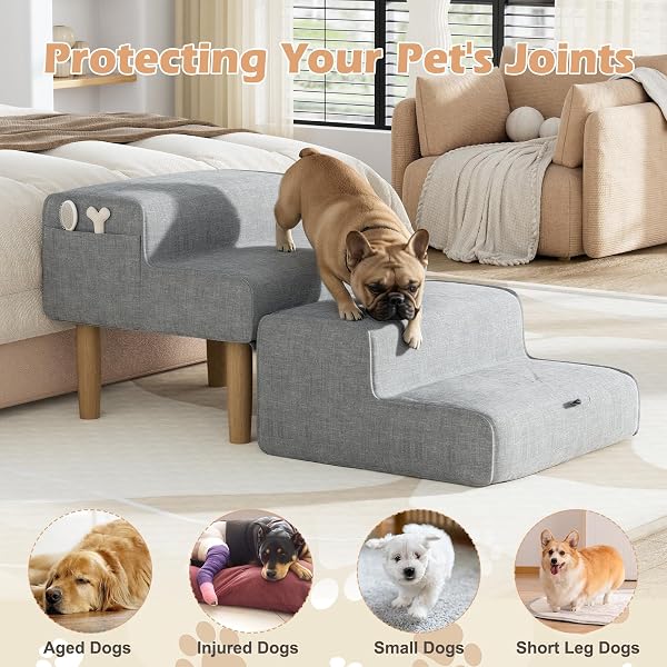 PAKALIFE DOG RAMP OTTOMAN,2-IN-1 DOG STEPS FOR BED&COUCH,FOLDABLE SOLID WOOD PET RAMPS&DOG STAIRS FOR SMALL, SENIOR DOGS & OLD CATS TO GET ON BED,WASHABLE COVER,135LB CAPACITY
