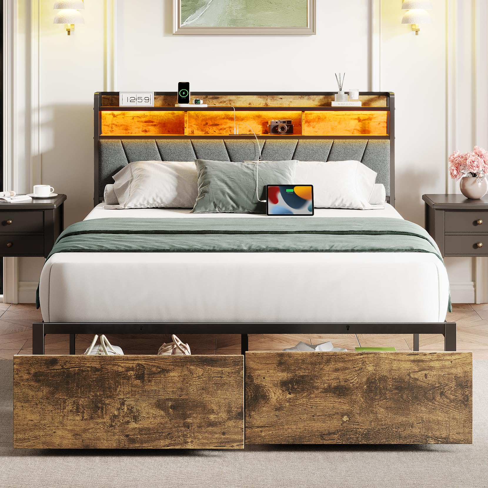 Welzona Queen Bed Frame with Headboard, LED Lights Queen Size Bed Frame with Storage Drawers & Charging Station, Heavy Duty Metal Slats, Noise-Free, No Box Spring Needed, Easy Assembly, Brown Image Welzona Queen Bed Frame with Headboard, LED Lights Queen Size Bed Frame with Storage Drawers & Charging Station, Heavy Duty Metal Slats, Noise-Free, No Box Spring Needed, Easy Assembly, Brown Image