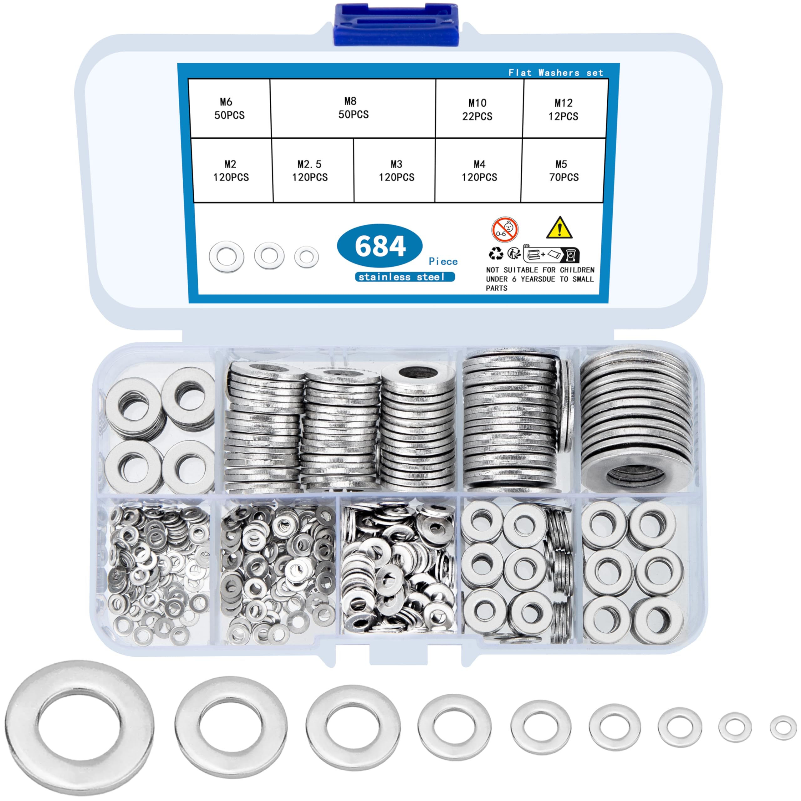 wugongshan 684 Pcs Stainless Steel Flat Washers, 9 Sizes Metal Washers Hardware Assortment Set, M2 M2.5 M3 M4 M5 M6 M8 M10 for Home Automotive Shop Factories Repair Construction