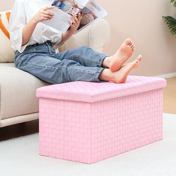 B FSOBEIIALEO FOLDING STORAGE OTTOMAN, FAUX LEATHER FOOTREST SEAT LONG SHOES BENCH BOX CHEST, PINK 30″X15″X15″