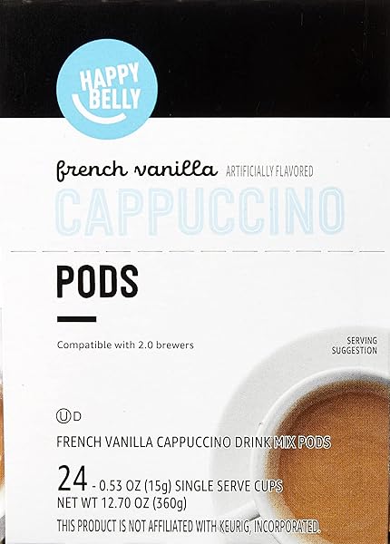 HAPPY BELLY CAPPUCCINO COFFEE PODS LIGHT ROAST COMPATIBLE WITH 2.0 K-CUP BREWERS, FRENCH VANILLA FLAVORED, 24 COUNT, 12.7 OUNCE
