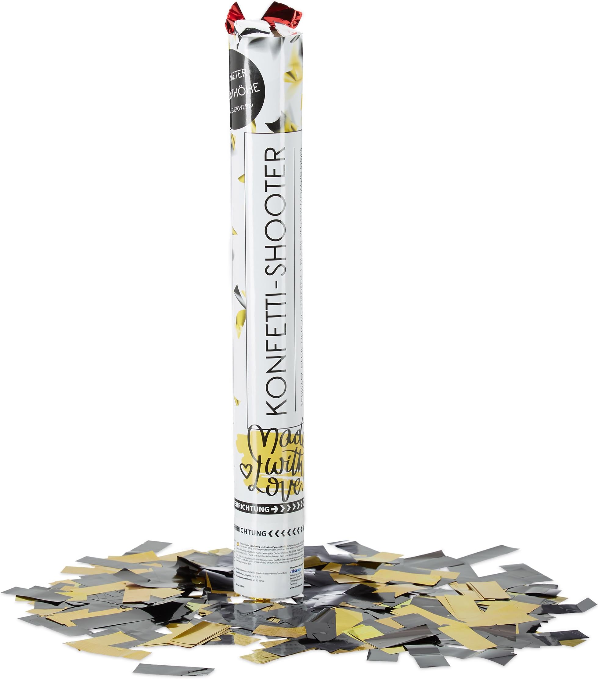 Relaxdays 40 cm Party Popper Black and Yellow, 8 m Effect Height, Soccer Fan Merch, Halloween, Confetti Cannon