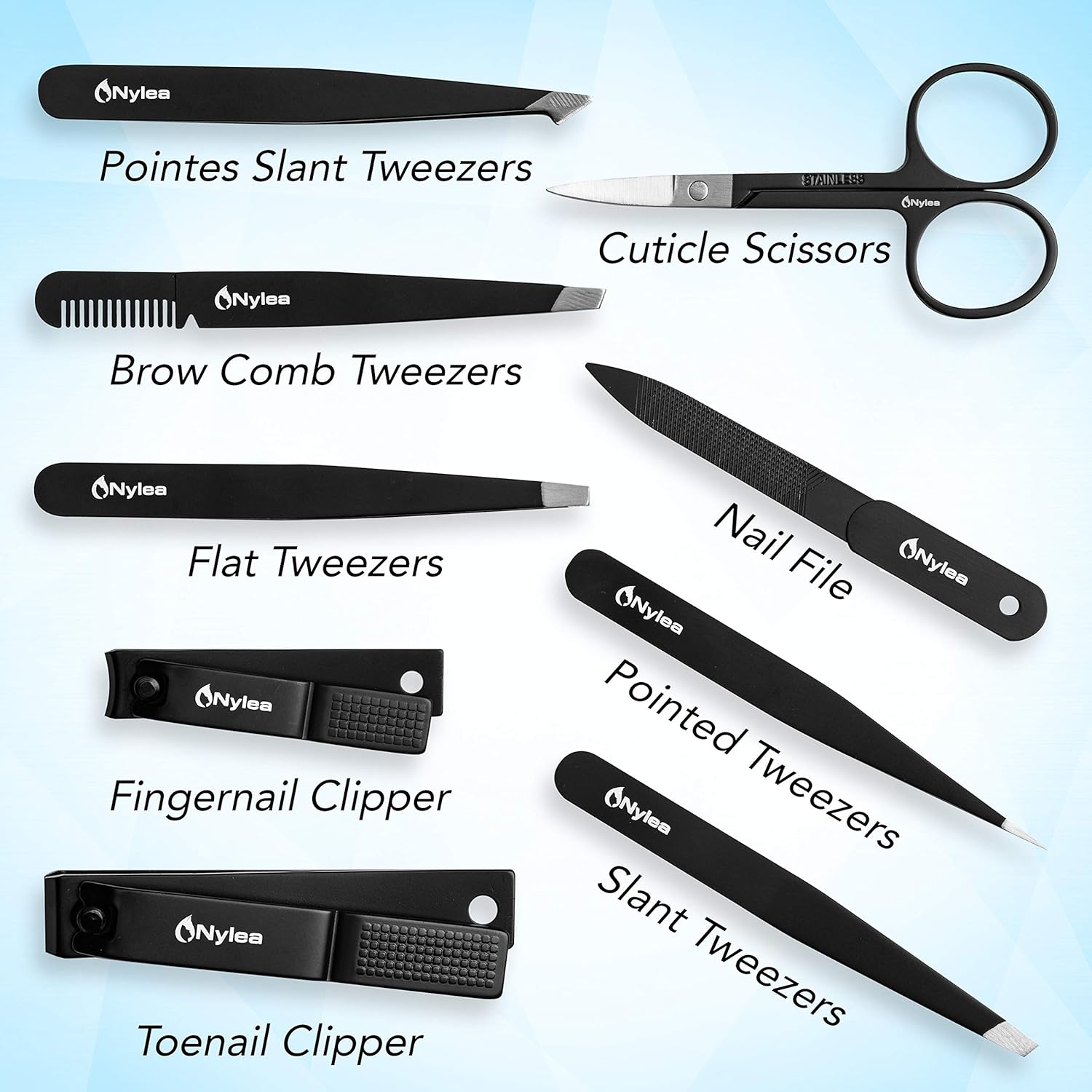 Nylea 9pcs Precision Tweezers with Nail Clippers Set - Stainless Steel Slant Pedicure Scissors for Toe Nail, Eyelashes Eyebrows Extensions, Ingrown Hair - Acrylic Thick Fingernails for Men & Women : Beauty
