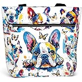 84hoods Large Waterproof Tote Bag for Work with Pockets and Zipper for Women. Gift for French Bulldog Lover, Frenchie Owner.