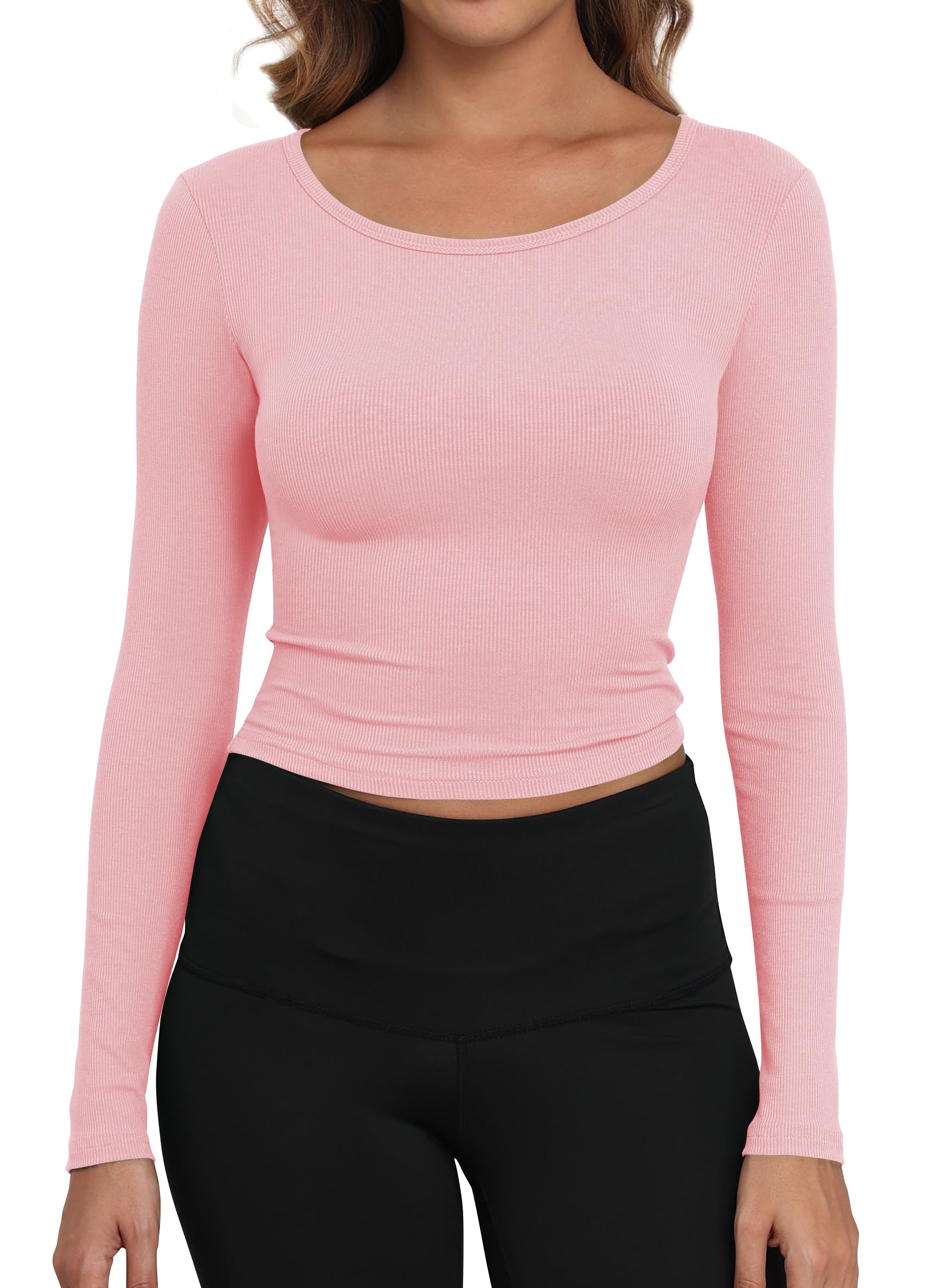 Photo 1 of Artfish Women's Casual Basic Ribbed T-Shirts Slim Fitted Boat Neck Long Sleeve Crop Top (Dusty Pink, S)