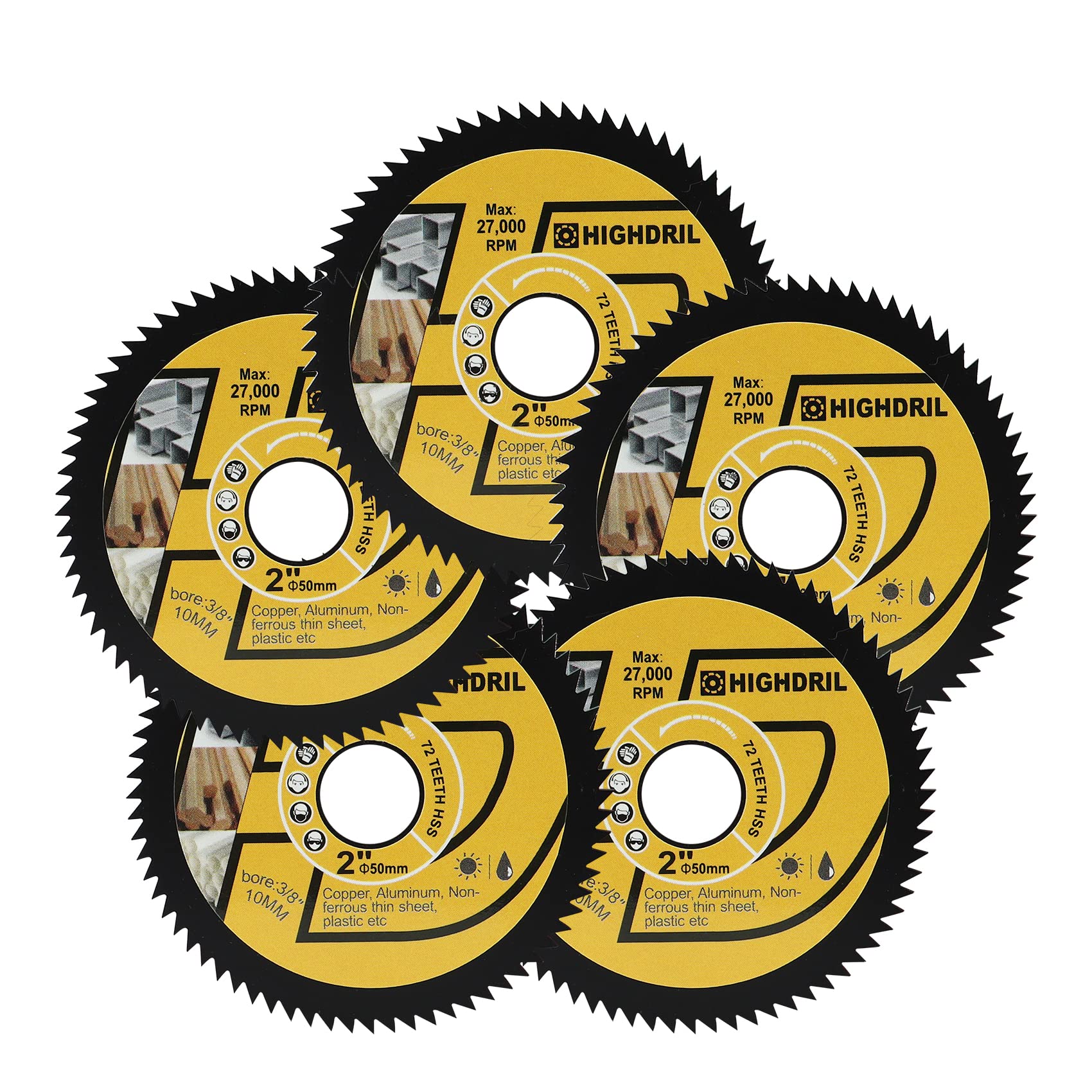 HIGHDRIL HSS Circular Cutting Disc - 5PCS 50mm 72T 10mm Bore Cutting Discs for Wood, Copper, Aluminum, Plastic and Soft Metal