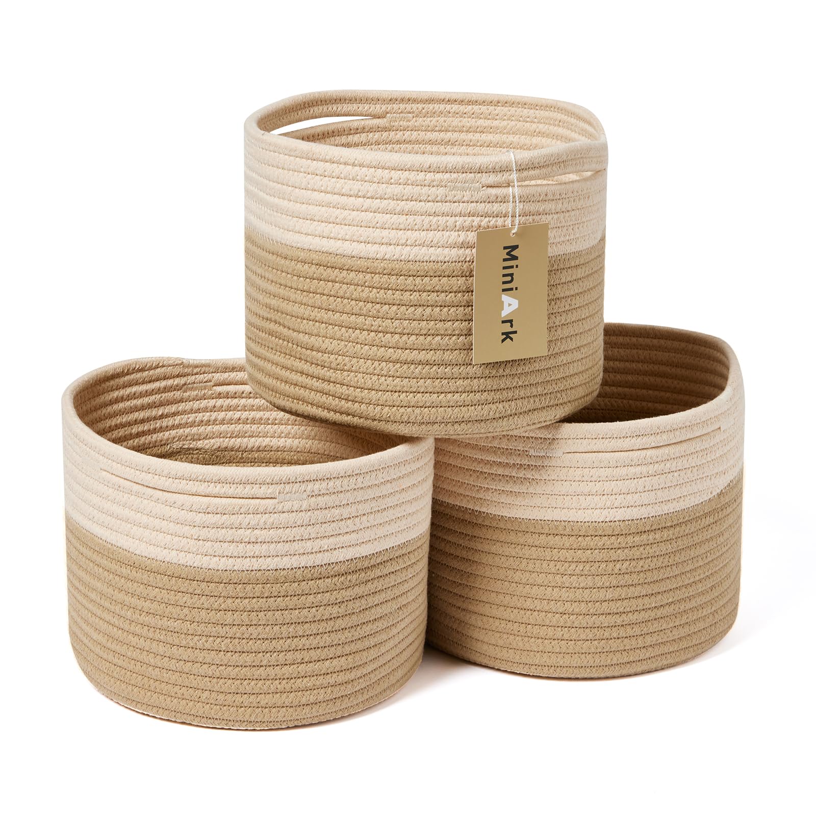 Photo 1 of MiniArk Small Basket for Organizing | Cube Shelf Closet Storage Baskets | 9.7×9.7×7.1” | Woven Rope Gift Basket | Nursery | Round 3 Packs Tan