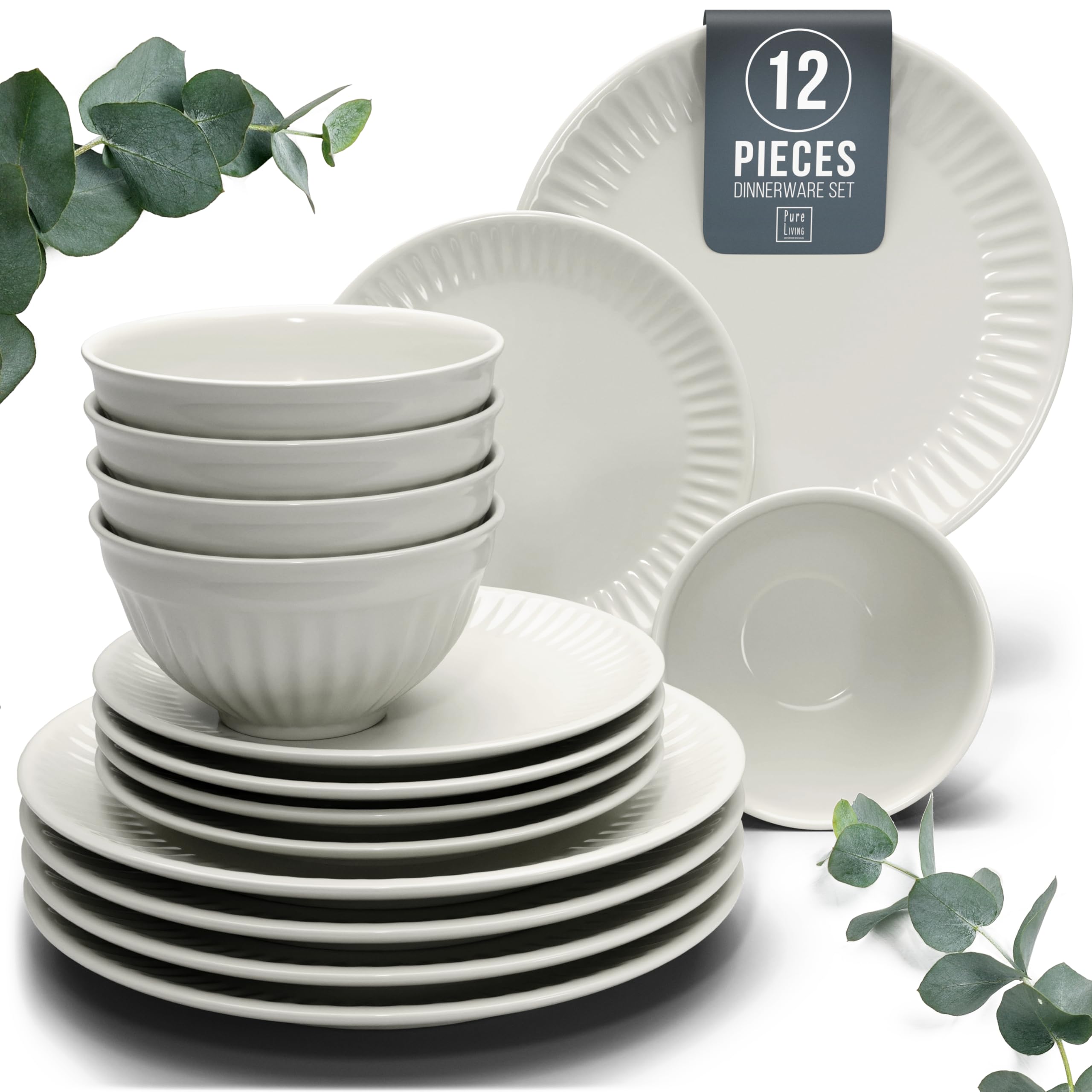 Stoneware Dinnerware Set for 4 People HYGGE 12-Piece - Elegant Scandi Design - Premium Dish Set - Bowl and Plate Set - Tableware for 4 People in a Ribbed Design - Pure Living in Beige Image