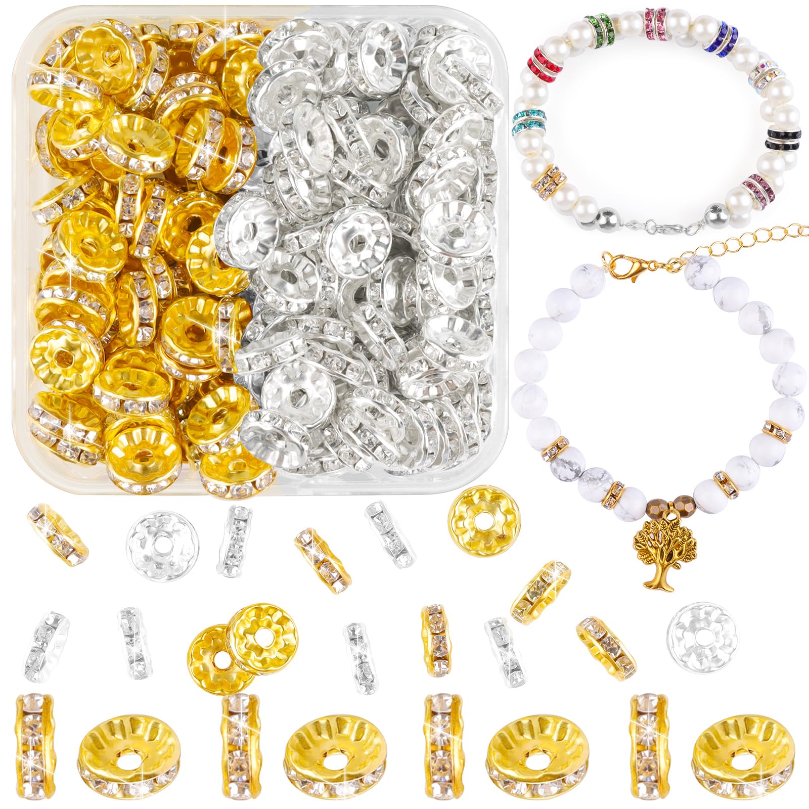 Pack of 400 10 mm Glass Beads, Metal Spacer Beads for Threading, Rondelle Rhinestone Spacer Beads, Crystal Loose Round Beads for DIY Bracelets, Earrings, Necklace, Jewellery Decorations