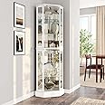 BELLEZE Lighted 3-Side Glass Display Curio Cabinet with Tempered Glass Doors and Shelves, Curved Wood Corner Cabinet with Bulb, Corner Curio Storage Rack for Bar and Liquor Storage - Ashfield (White)