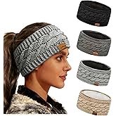 Qilitop 4-Pack Womens Winter Headbands Fuzzy Fleece Lined Cable Knit Ear Warmer Thick Warm Crochet Head Wrap Gifts Stocking Stuffers Criss-Cross Pattern Cold Weather Black Deep Light Grey Beige
