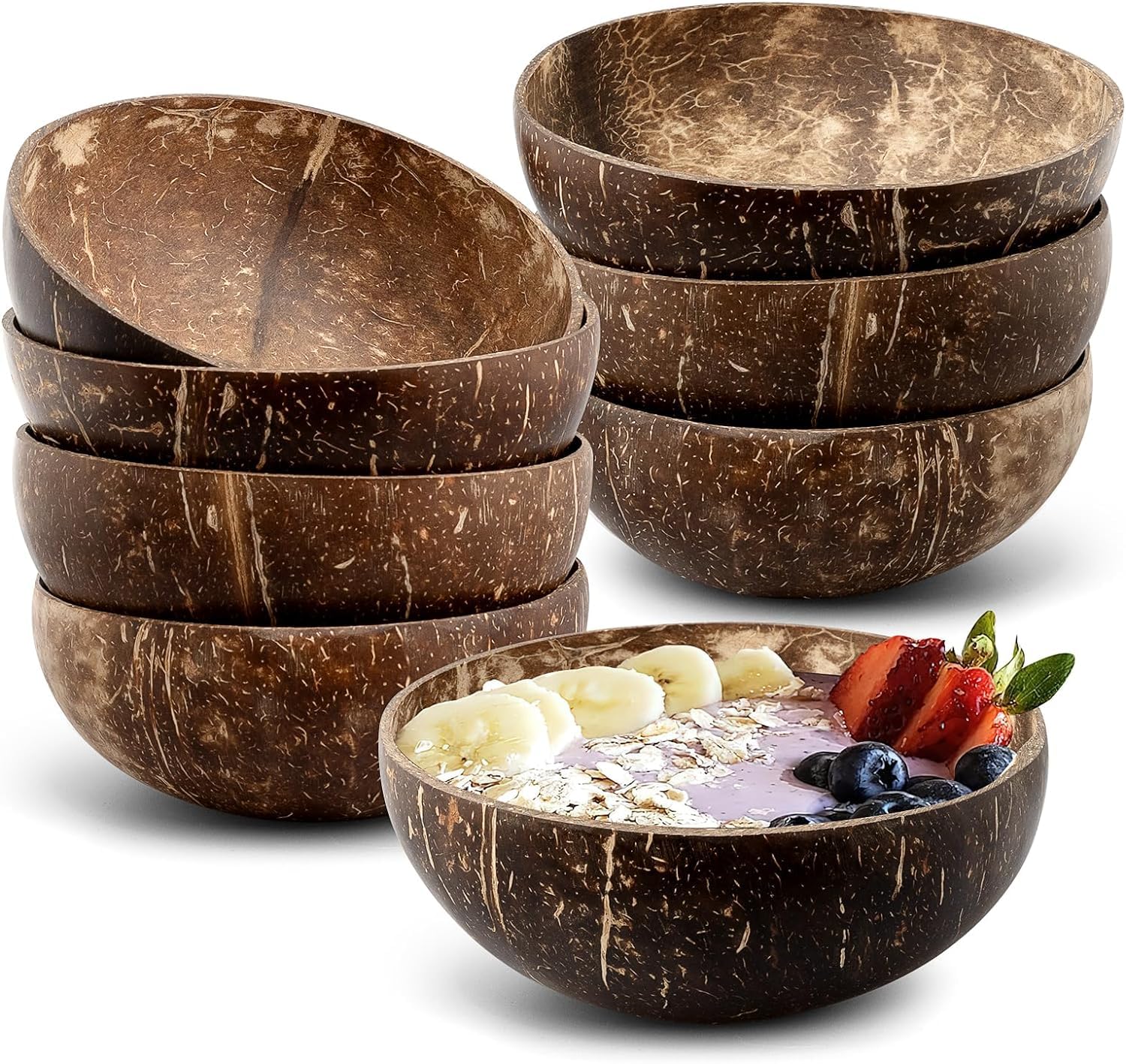 Malloom Natural Coconut Bowls Set of 8, 450 ml/15 Oz Polished Wooden Smoothie Bowl Acai Salad Bowl Buddha Bowls for Vegan Gifts Kitchen Decor Party Serving Bowl, 15x15 cm