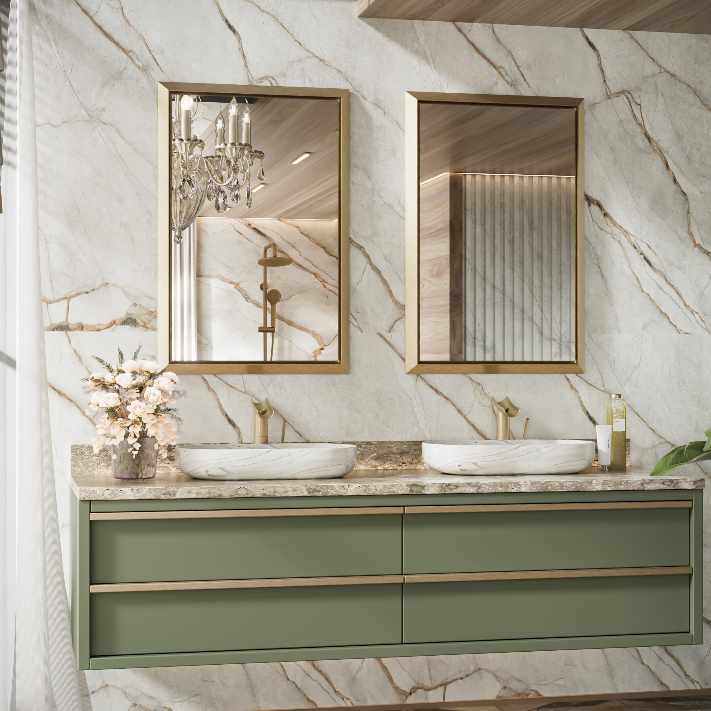 TETOTE Brushed Gold Bathroom Mirror for Over Sink 24 x 36 Inch Stereo ...