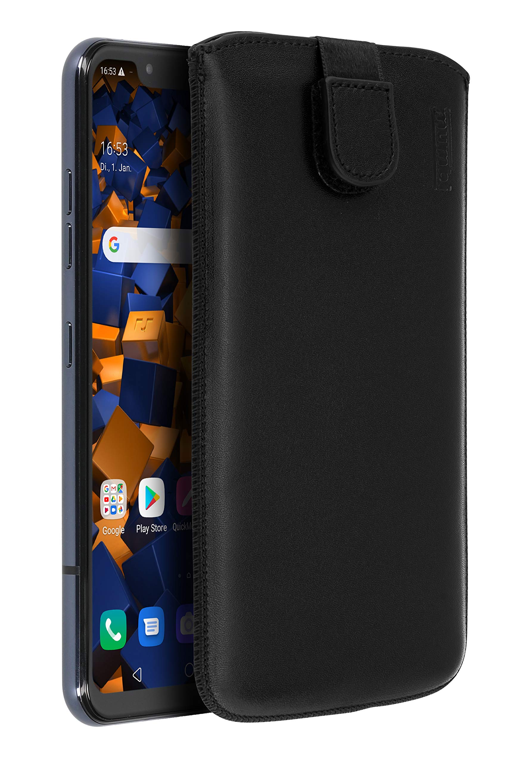 mumbi Genuine Leather Case Compatible with LG G8s ThinQ with Pull-Out Tab Black