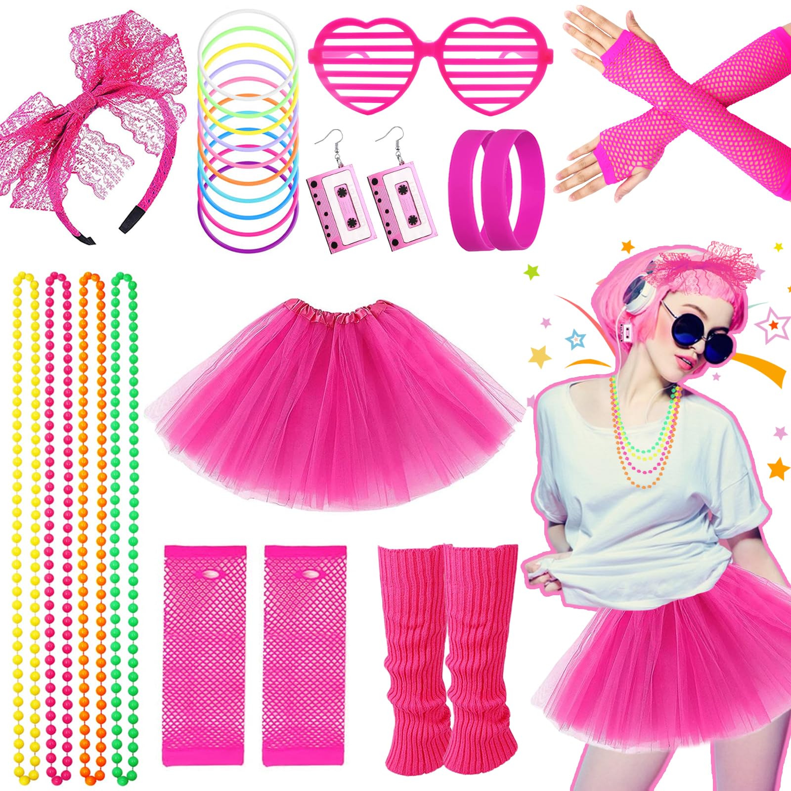 80s Fancy Dress for Women, 1980s Party Rainbow Costume Accessories Set Tutu Skirt Leg Warmers Fishnet Gloves Glasses Earrings Bracelet Necklace Headband, Retro Outfit for 80s Party, Dress up Day — image 1