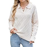 ZAFUL Womens Cable Knit Polo Pullover Sweater, Collared V Neck Knitted Pullover Casual Loose Soft Fit Long Sleeve Sweaters