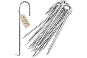 Graxury 10Packs 12inch Heavy Duty Trampoline Tents Anchor Ground Pegs - Galvanized Steel Rust-Proof J Hook Rebar Stakes Fit T