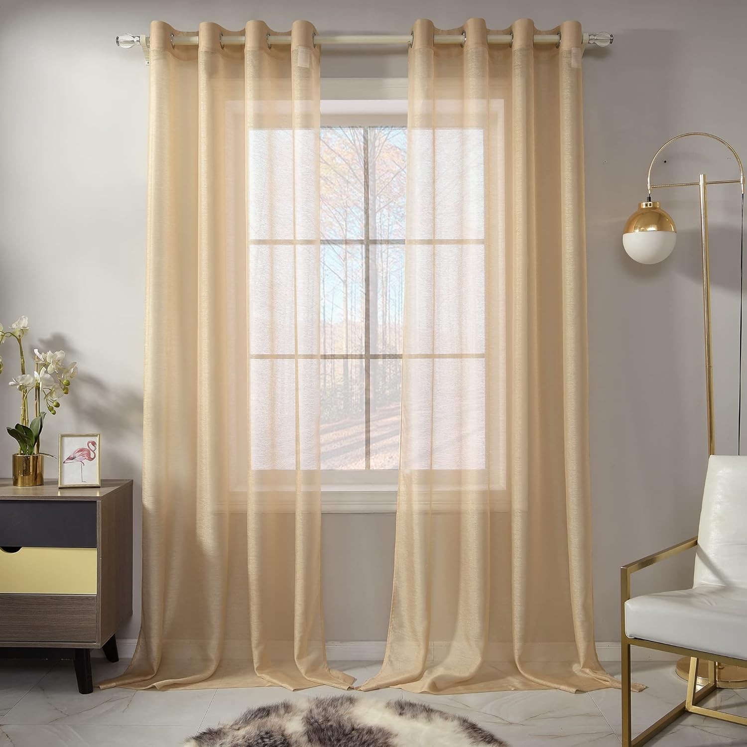 Outdoor Curtains - Beige Sheer Curtains 120 Inch Length Set 2 Panels For Living Room Semi Voile Sheer Drapes Solid Luxury Grommet Beige Textured Sheer Curtains For Patio Outdoor Decor 52 X 120 Inches 10 FT Long