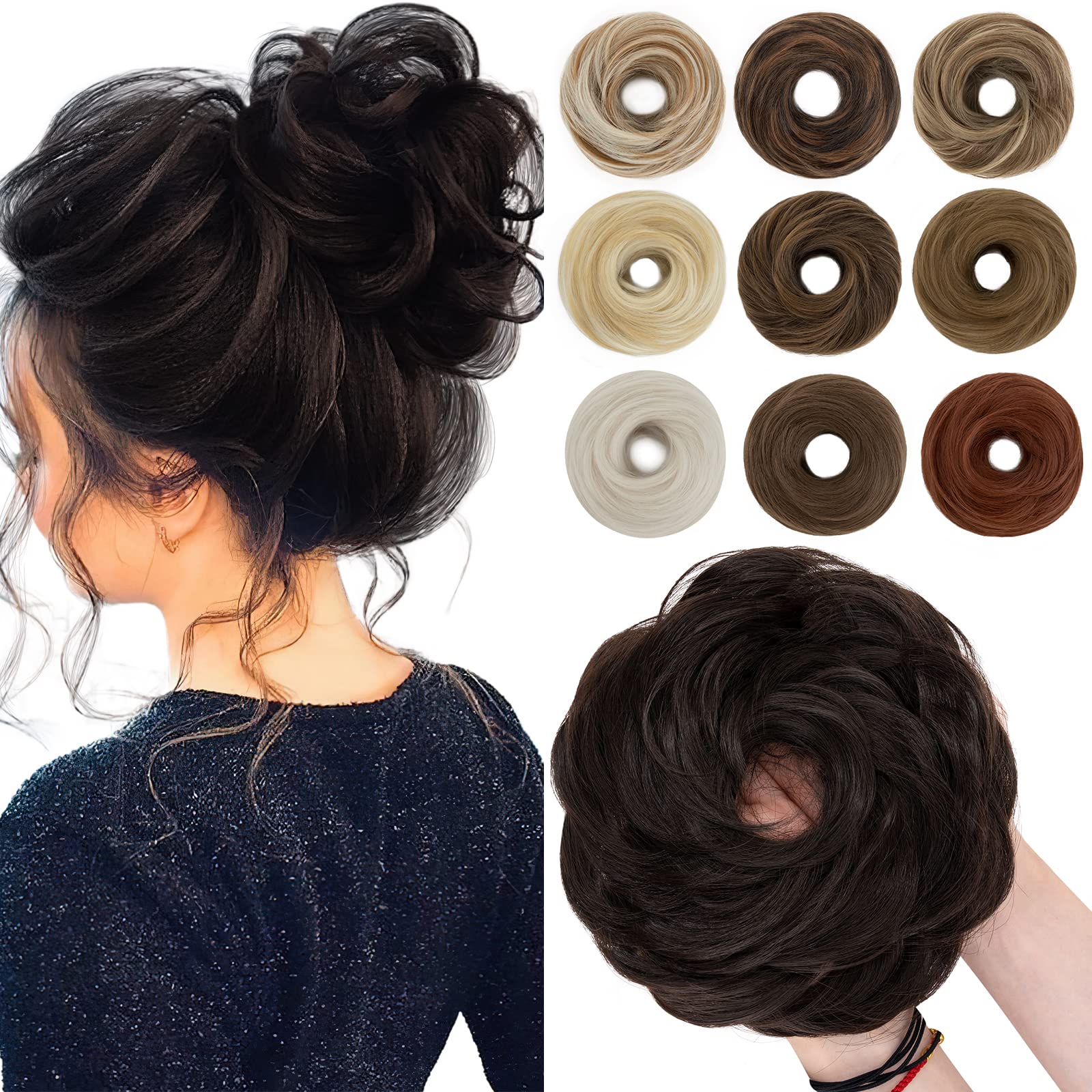 SEGO 55g Messy Bun Fluffy Tousled Updo Scrunchies Synthetic Thicker Hair Bun Hair Piece For Women Donut Easy Bun Hairpiece, Dark Brown, 1 Count