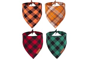 ADOGGYGO 4 Pack Plaid Dog Bandana for Fall Halloween Thanksgiving Christmas, Red Green Orange Plaid Pet Scarf Plaid Holiday Bandanas for Medium Large Dogs (Large)
