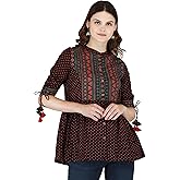 MESMERIICAL Black Round Neck Cotton Printed Short Kurti for Women | Round Neck Traditional Indian Top